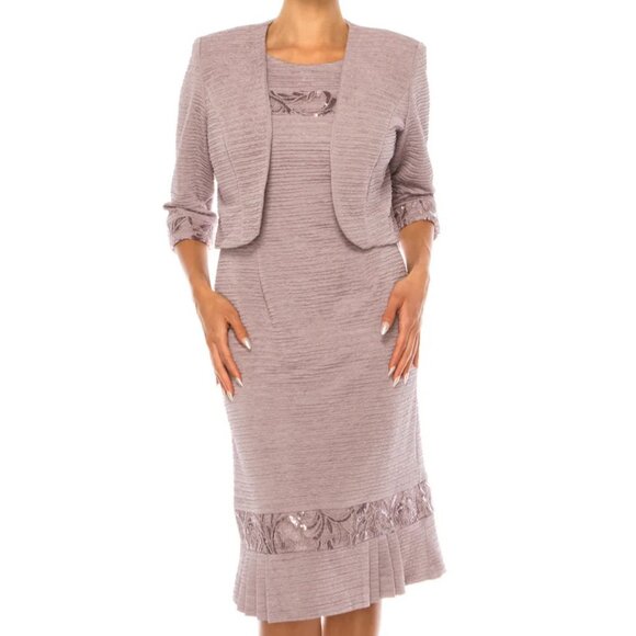 Brianna Milay | Pink Embroidered Sequin Textured 2 Piece Jacket Dress | Size 16W - Picture 1 of 16
